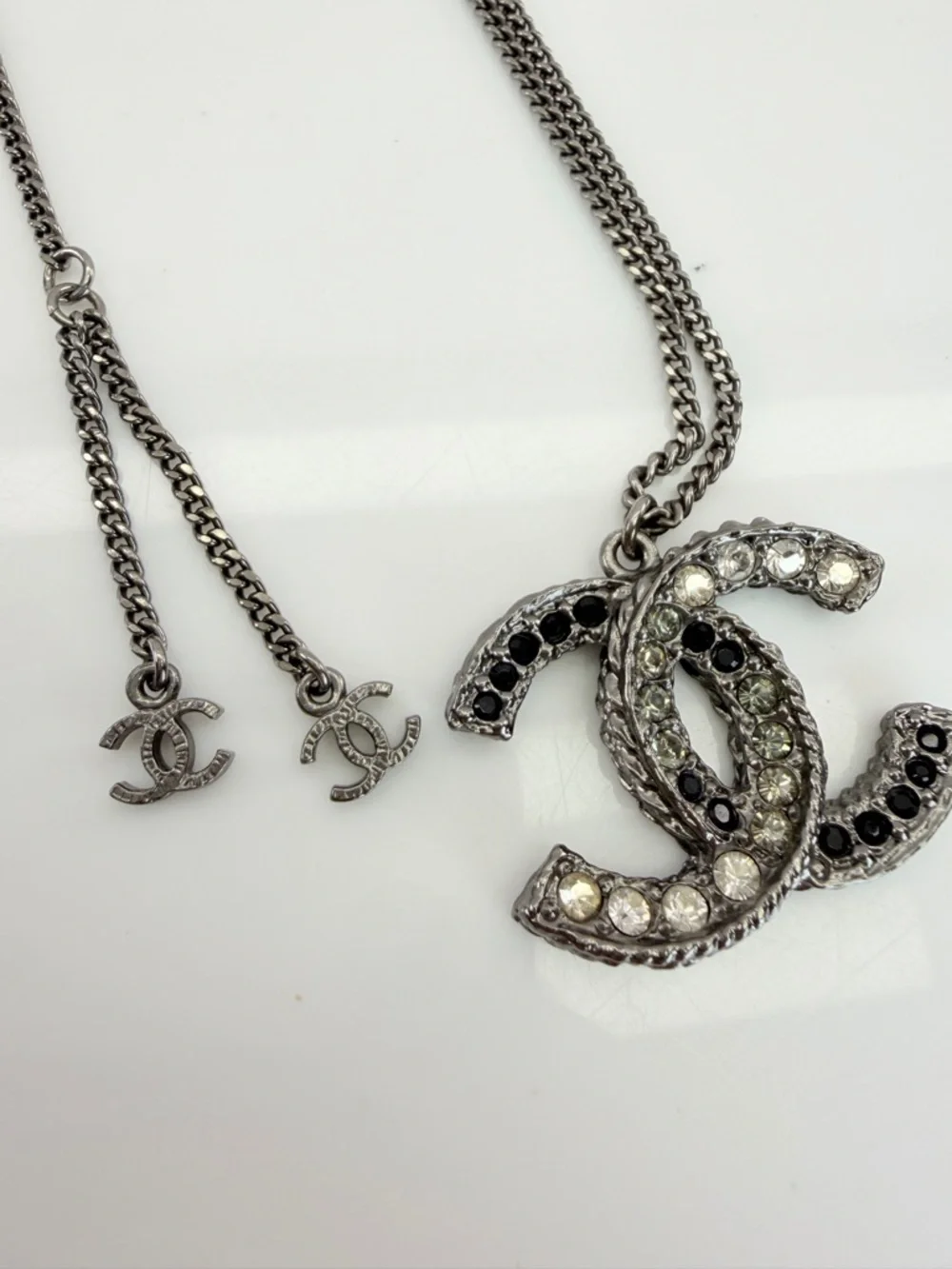 Chanel Black Crystal Interlocking Logo CC Pendant Necklace